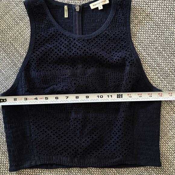 Rebecca Taylor Maise Sheer Smocked Eyelet Navy Blue Cropped Cotton Tank Top 10 - Picture 5 of 9